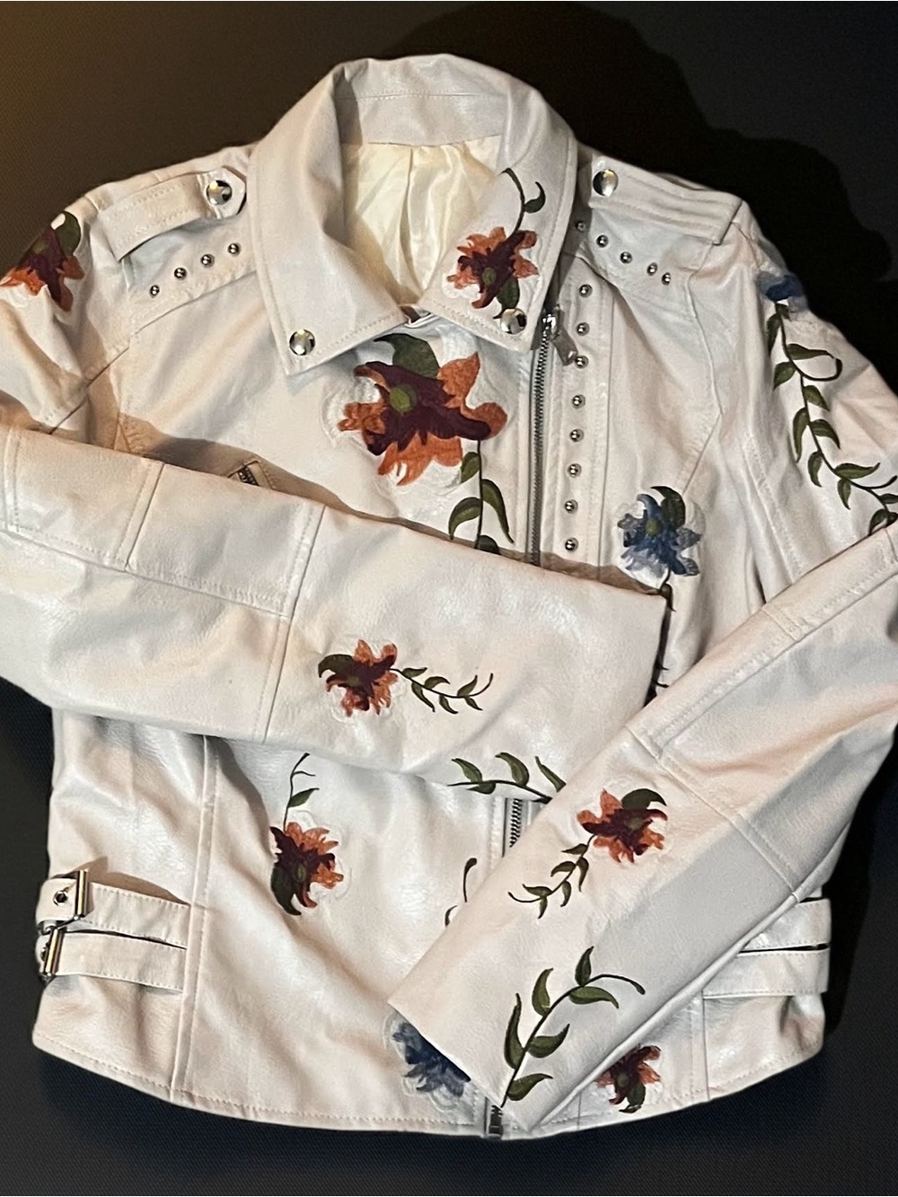 White Floral Embroidered Faux-Leather Moto Jacket - Picture 3 of 3